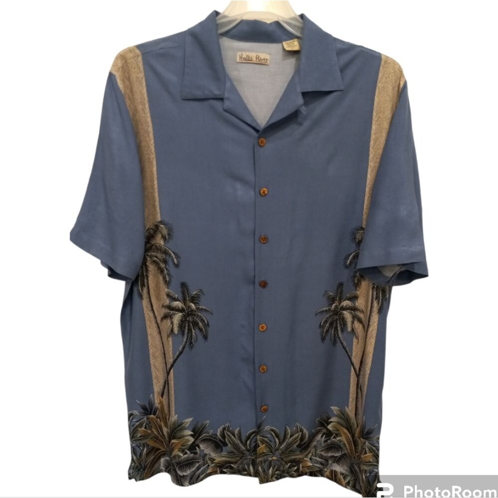Hollis River Hawaiian Shirt Men Size LT Blue Palm Tree Tropical Casual Button Up